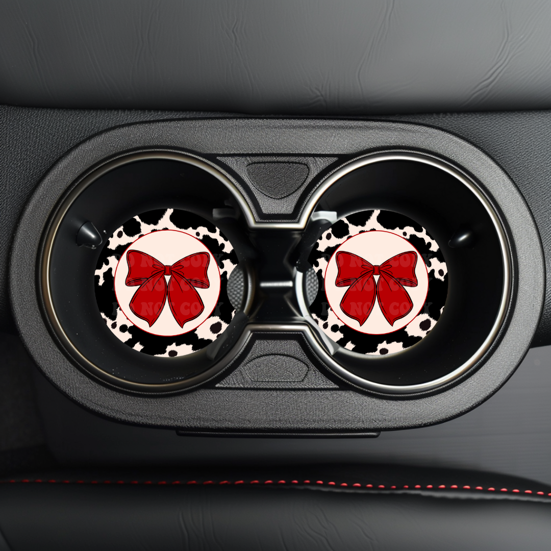 Cow Print Red Bow Car Coaster Sublimation Transfer (Set of 2)