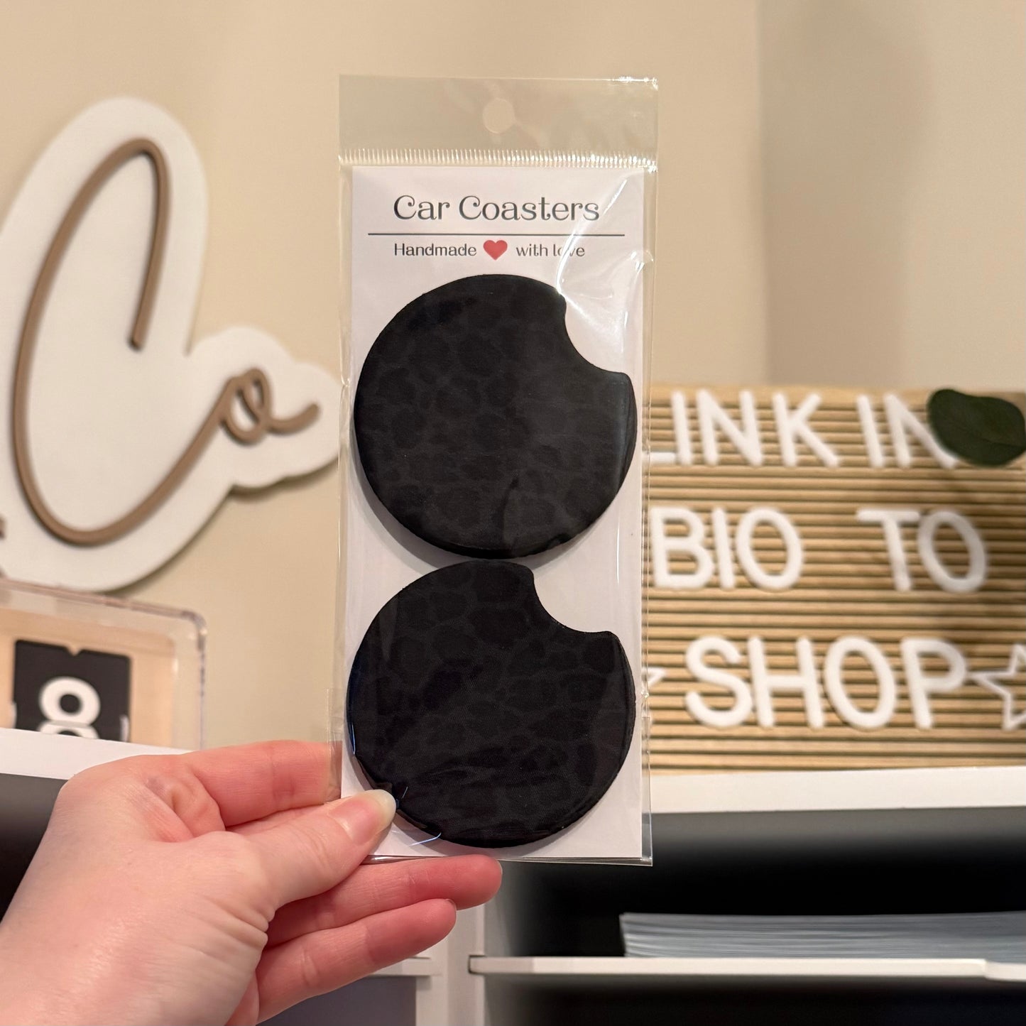 Black Monochrome Leopard Car Coasters