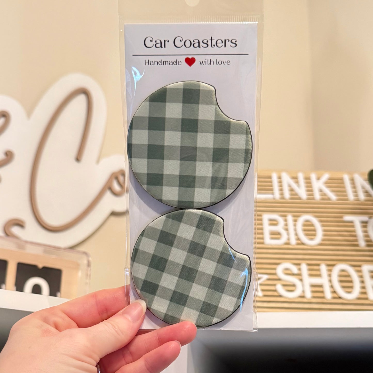 Sage Gingham Car Coasters