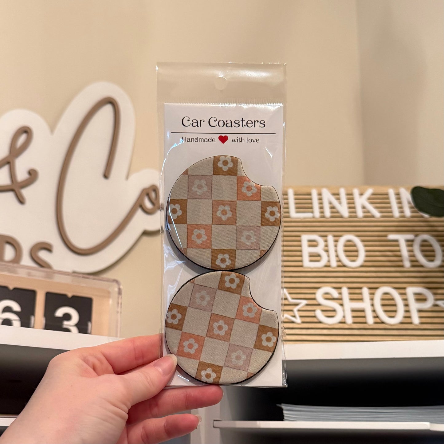 Checker Flowers Car Coasters