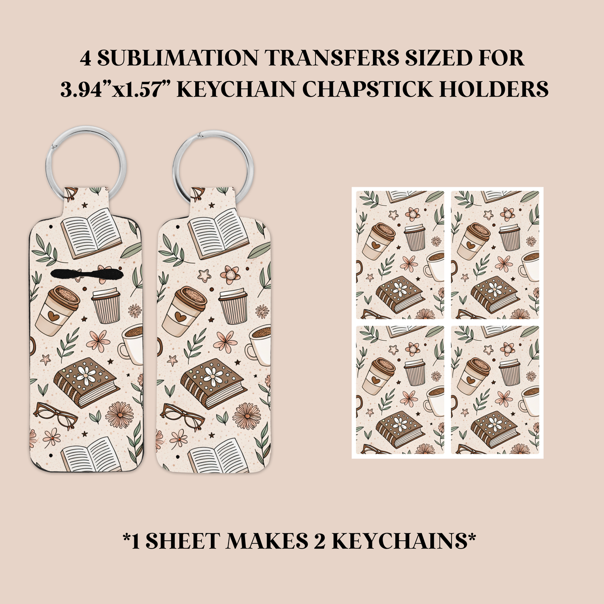 Books & Coffee Keychain Chapstick Holder Sublimation Transfer