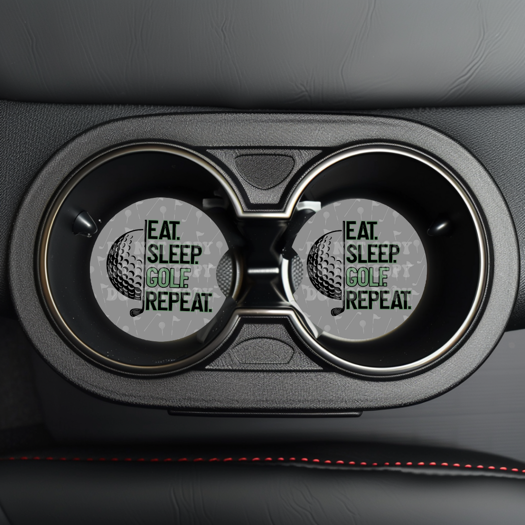Eat. Sleep. Golf. Repeat. Car Coaster Sublimation Transfer (Set of 2)