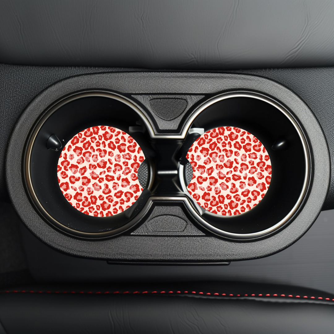 Red Leopard Print Car Coaster Sublimation Transfer (Set of 2)