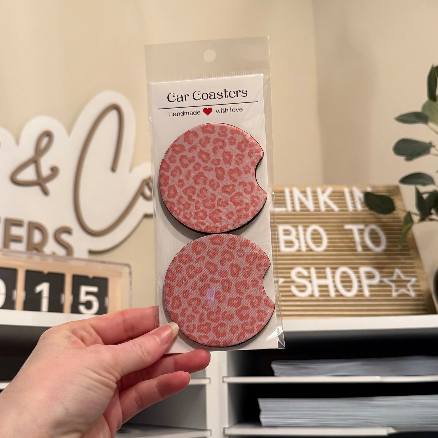 Pink Leopard Car Coasters