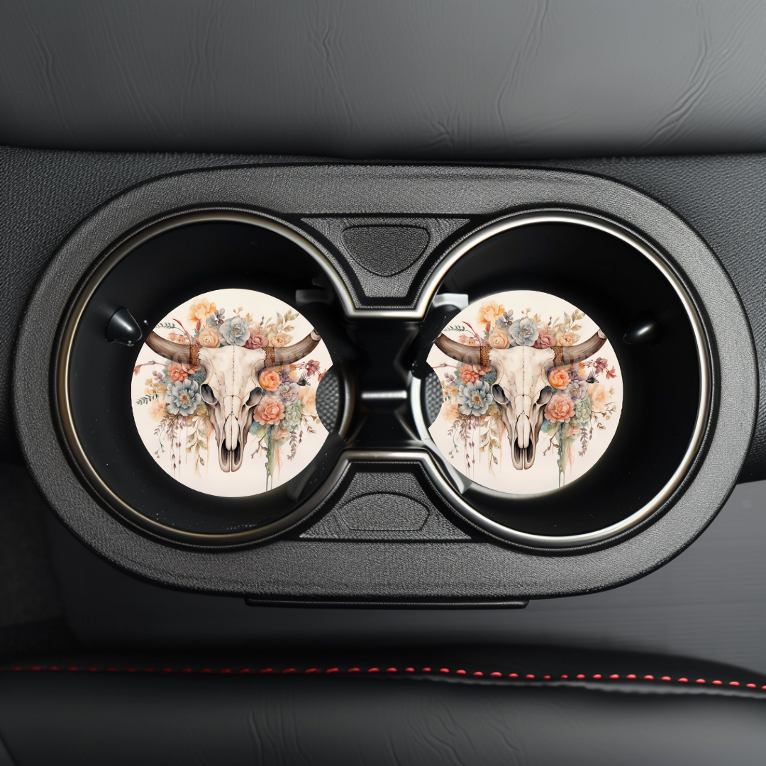 Floral Longhorn Car Coaster Sublimation Transfer (Set of 2)