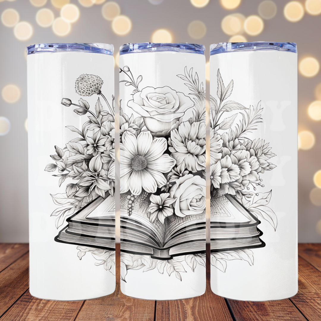Floral Book Black/White 20 oz Skinny Tumbler Sublimation Transfer