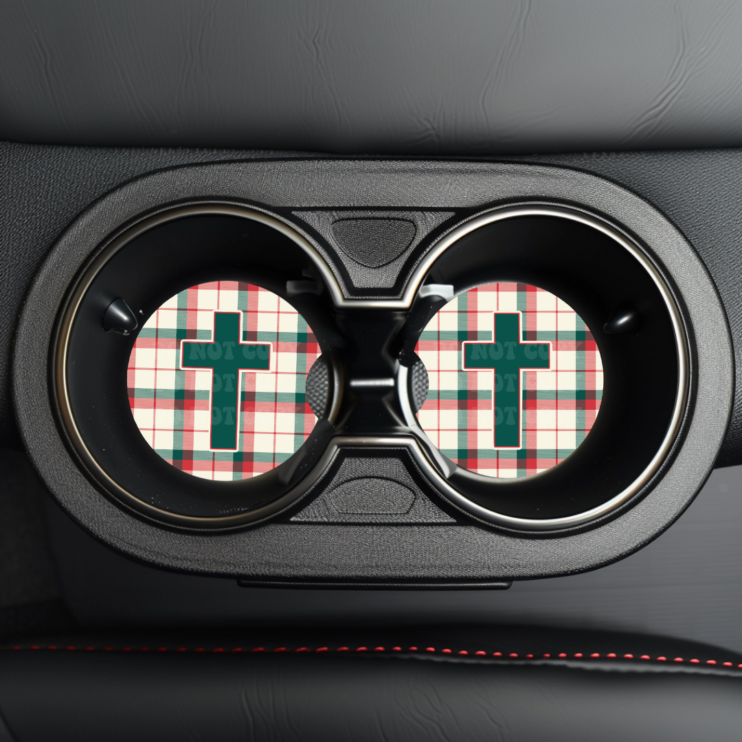 Christmas Plaid Cross Car Coaster Sublimation Transfer (Set of 2)