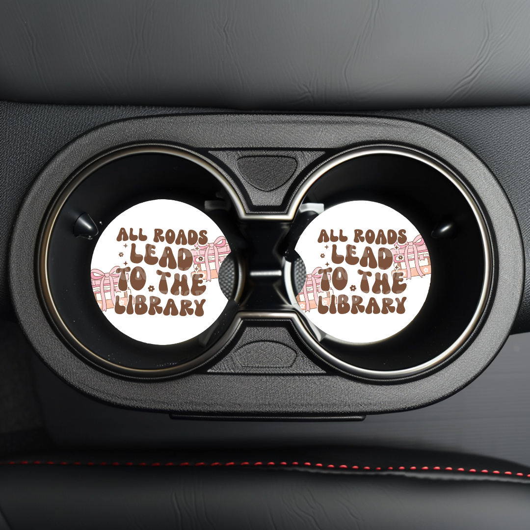 All Roads Lead To The Library Car Coaster Sublimation Transfer (Set of 2)