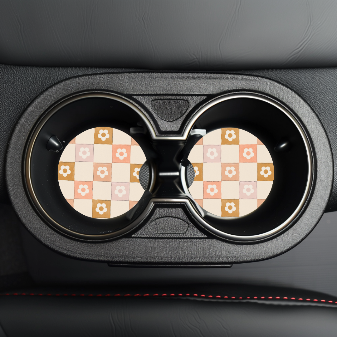 Neutral Floral Checker Car Coaster Sublimation Transfer (Set of 2)