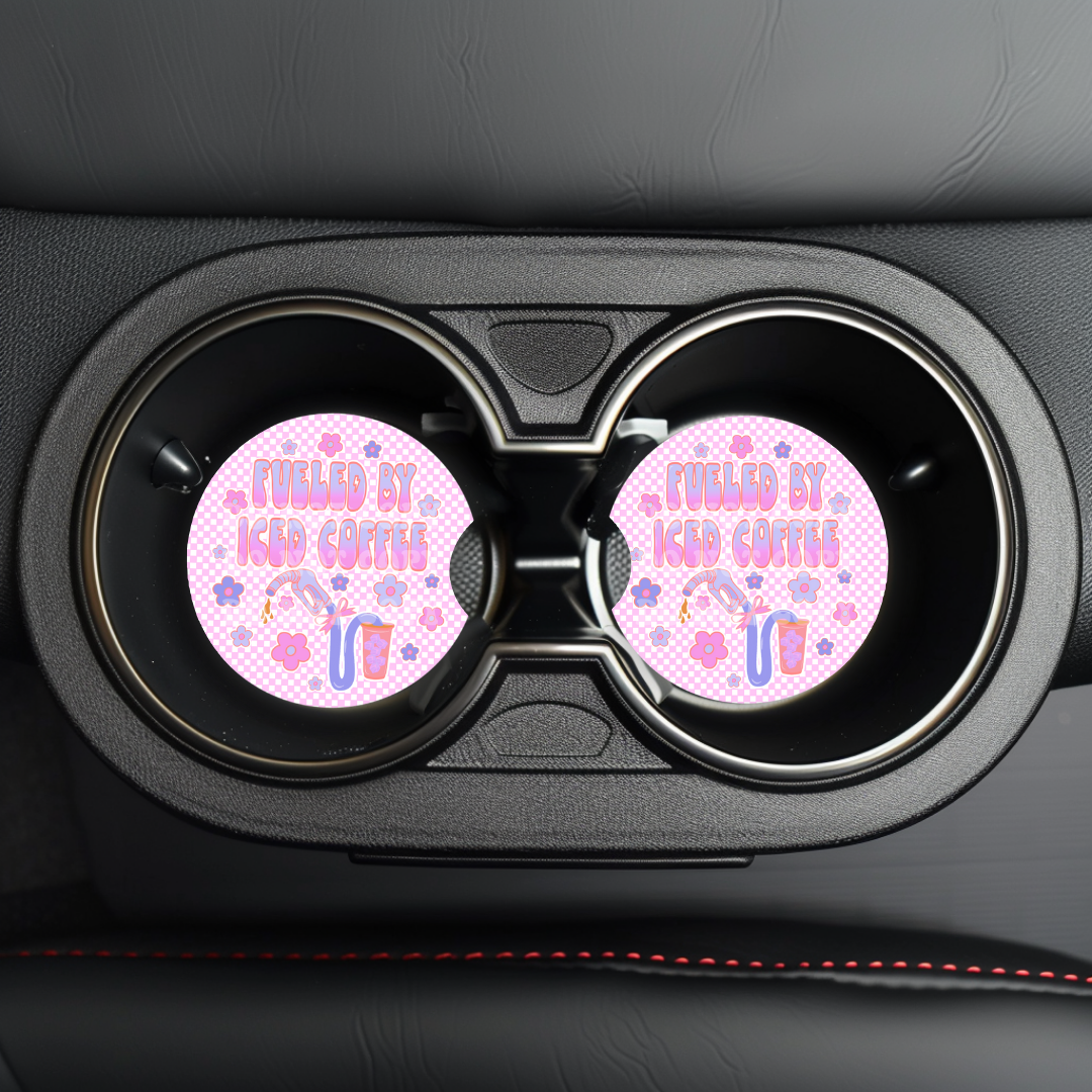 Fueled By Iced Coffee Car Coaster Sublimation Transfer (Set of 2)
