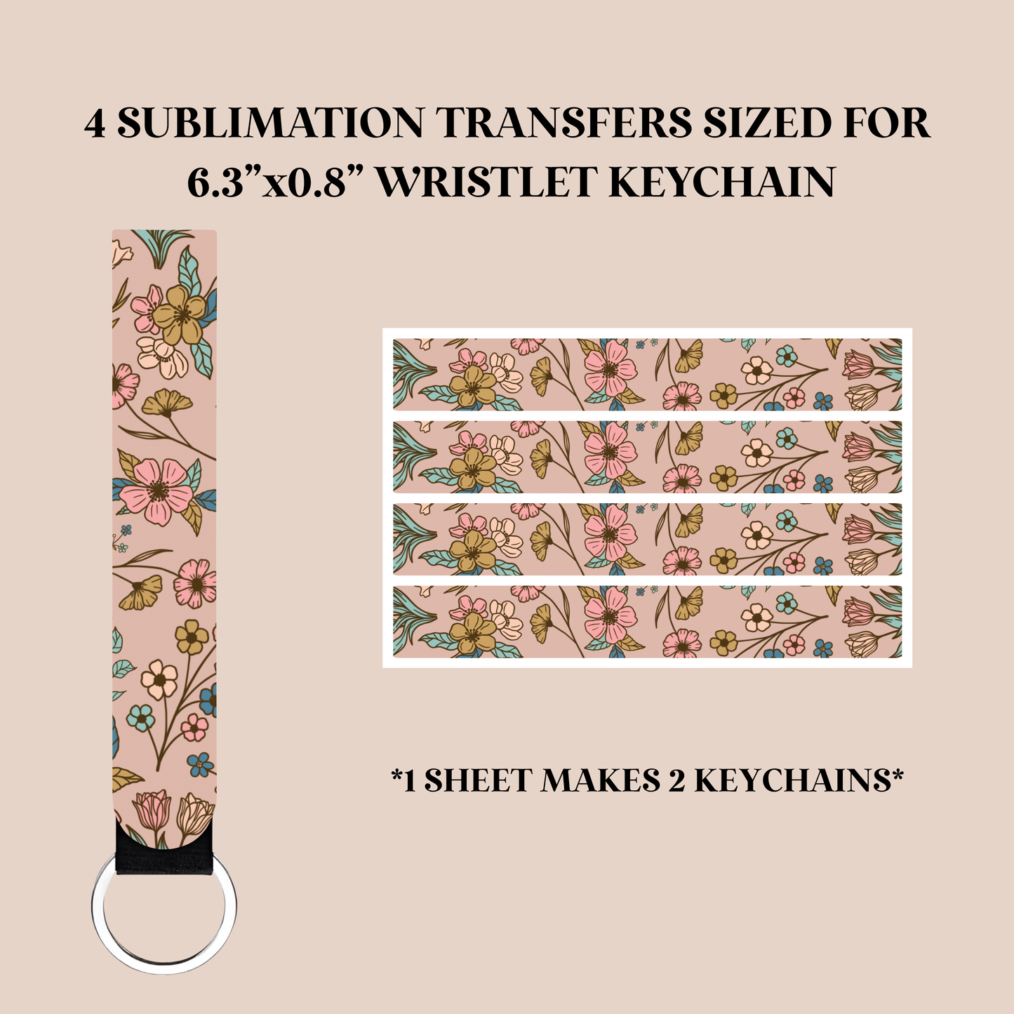 Boho Flowers Wristlet Keychain Sublimation Transfer