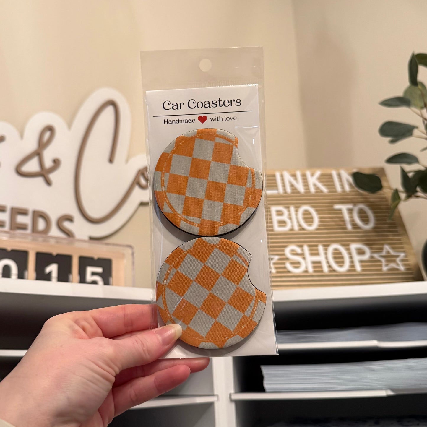 Bright Orange Checkers Car Coasters