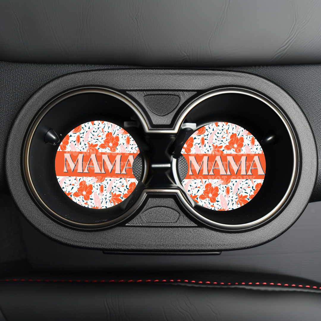 Orange Floral Mama Car Coaster Sublimation Transfer (Set of 2)