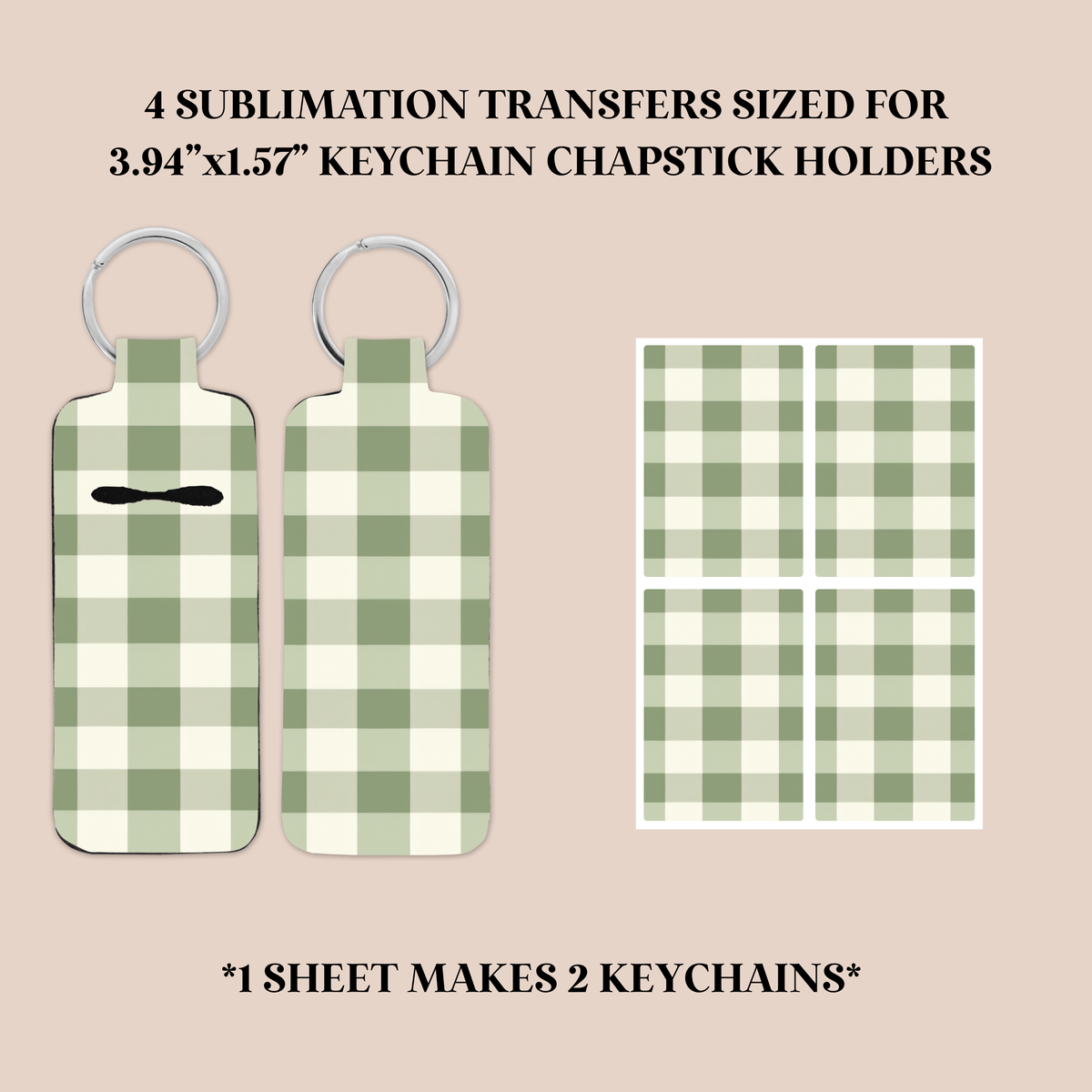 Sage Gingham Keychain Chapstick Holder Sublimation Transfer