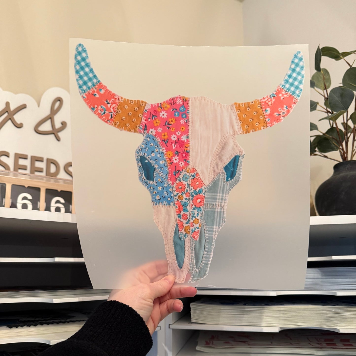 Patchwork Longhorn Skull DTF HOT PEEL