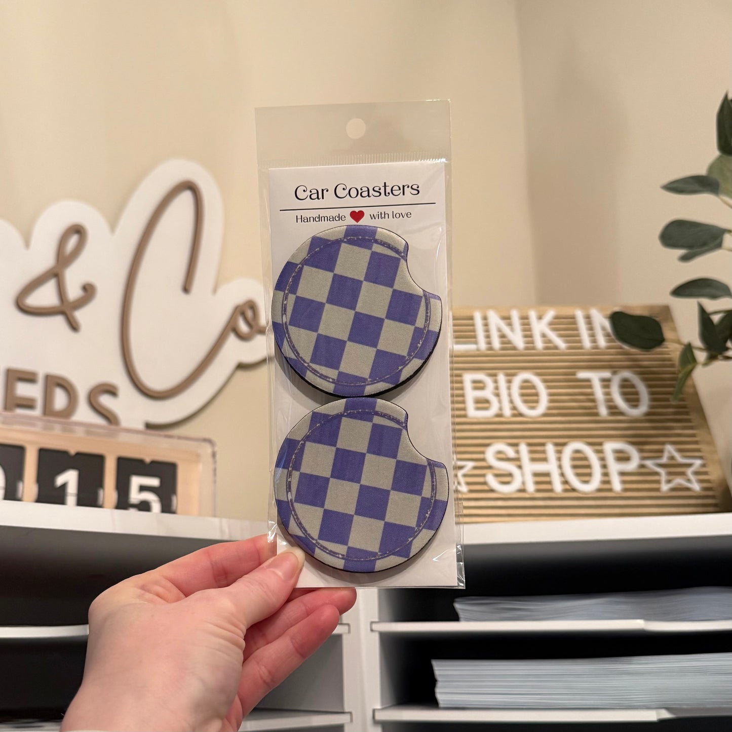 Purple Checkers Car Coasters