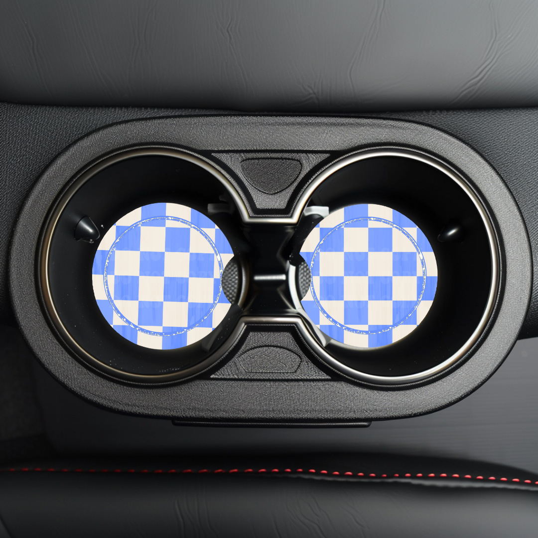 Blue Checker & Faux Glitter Car Coaster Sublimation Transfer (Set of 2)