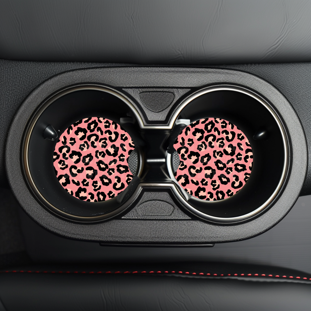 Pink Leopard Print Car Coaster Sublimation Transfer (Set of 2)