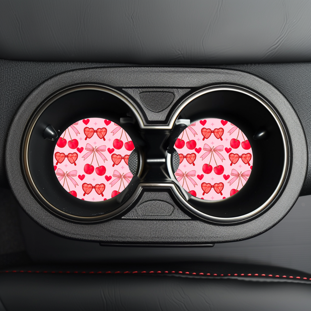 Heart Sunglasses & Cherries Car Coaster Sublimation Transfer (Set of 2)
