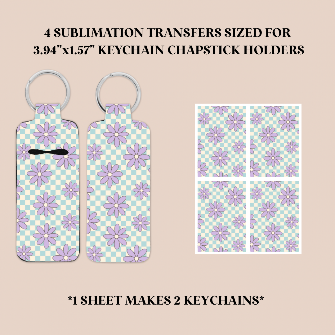 Purple Checker Flowers Keychain Chapstick Holder Sublimation Transfer