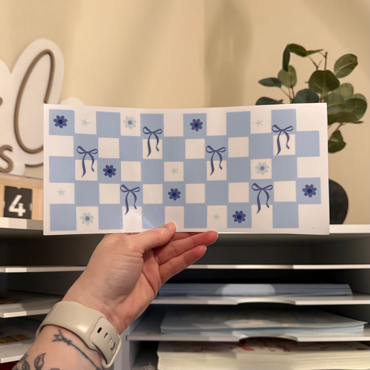 Blue Checker UVDTF 16oz Glass Can Wrap