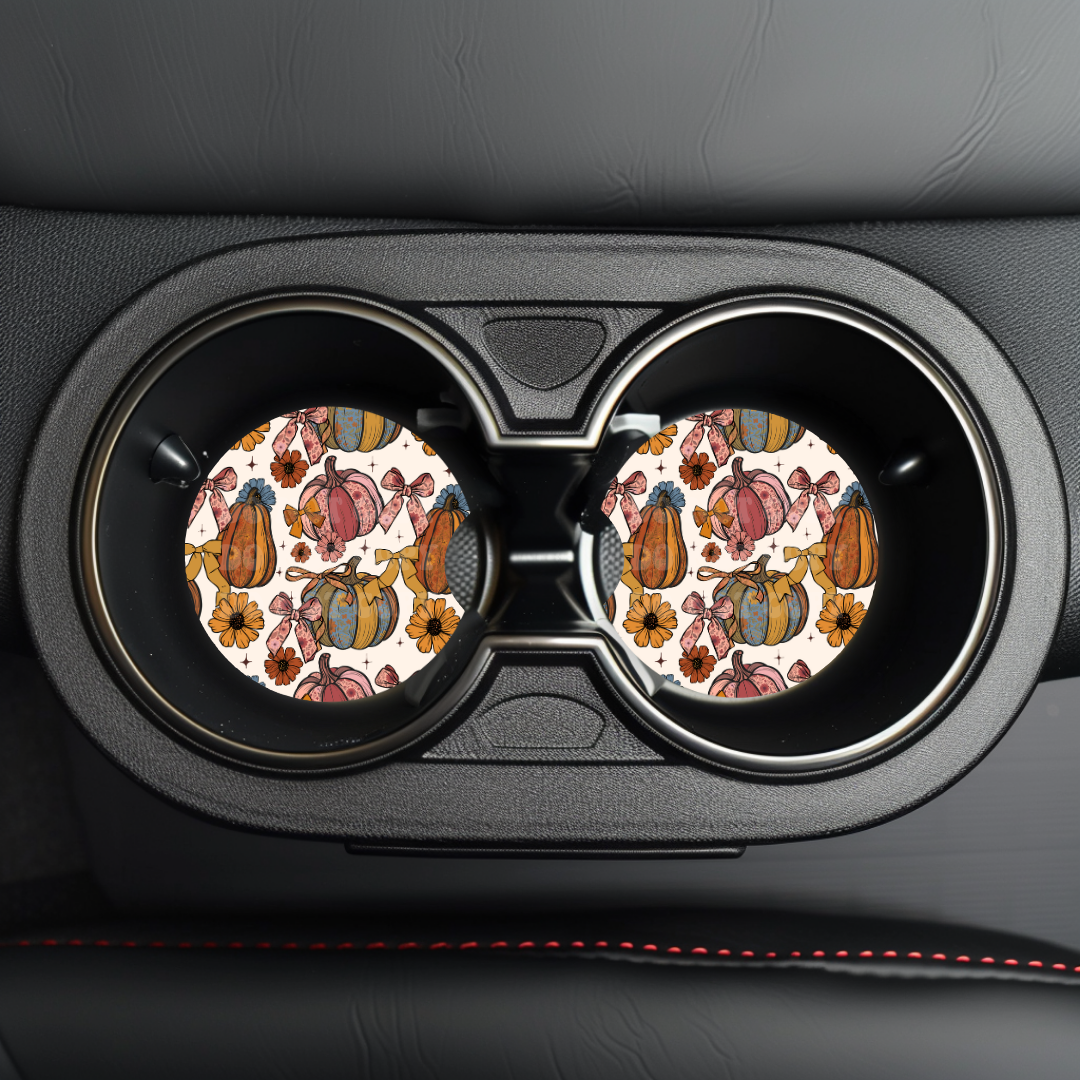 Floral Pumpkins & Bows Car Coaster Sublimation Transfer (Set of 2)
