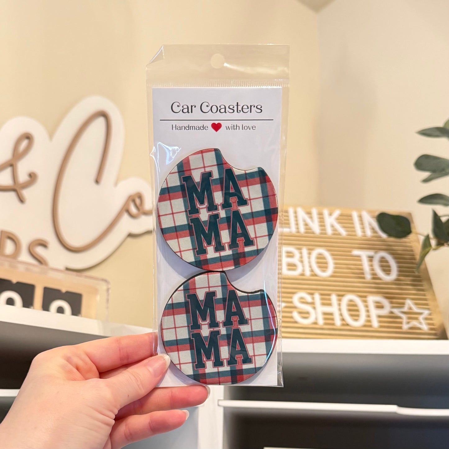 Christmas Plaid Mama Car Coasters