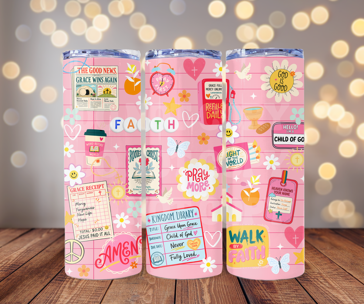 Pink Christian Stickers 20 oz Skinny Tumbler Sublimation Transfer - Seamless