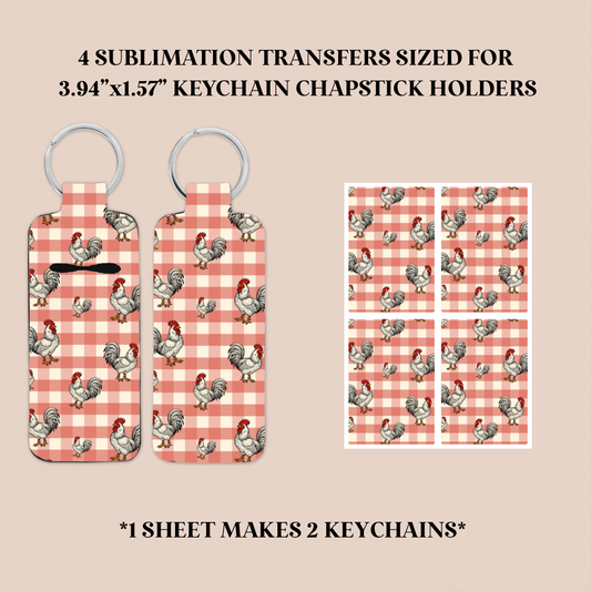 Plaid Roosters Keychain Chapstick Holder Sublimation Transfer