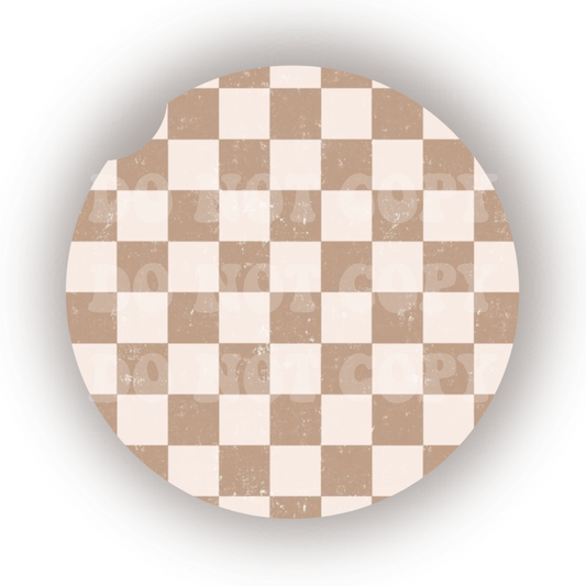 Distressed Tan & White Checkers Car Coaster Sublimation Transfer (Set of 2)