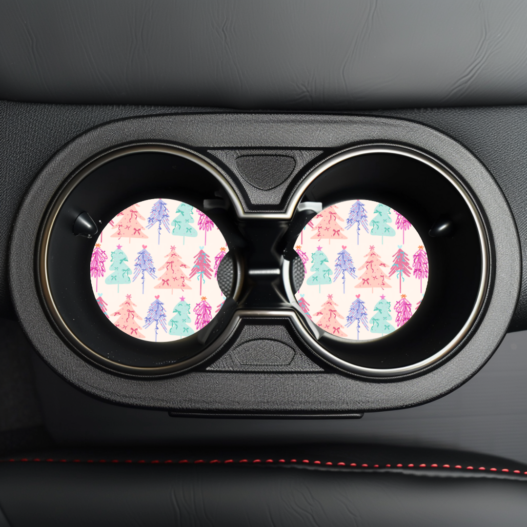 Preppy Christmas Trees Car Coaster Sublimation Transfer (Set of 2)