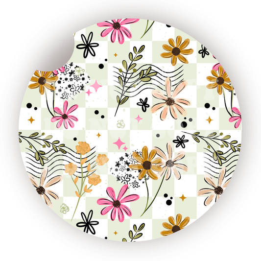Green Plaid Floral Car Coaster Sublimation Transfer (Set of 2)
