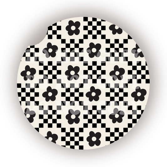 Neutral Checker Flowers Car Coaster Sublimation Transfer (Set of 2)