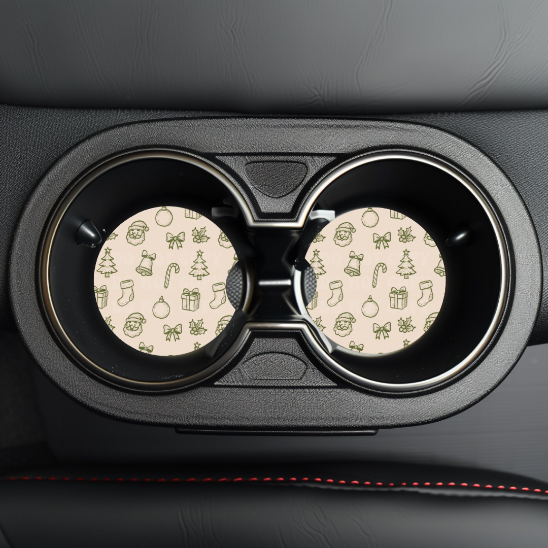 Green Christmas Doodles Car Coaster Sublimation Transfer (Set of 2)