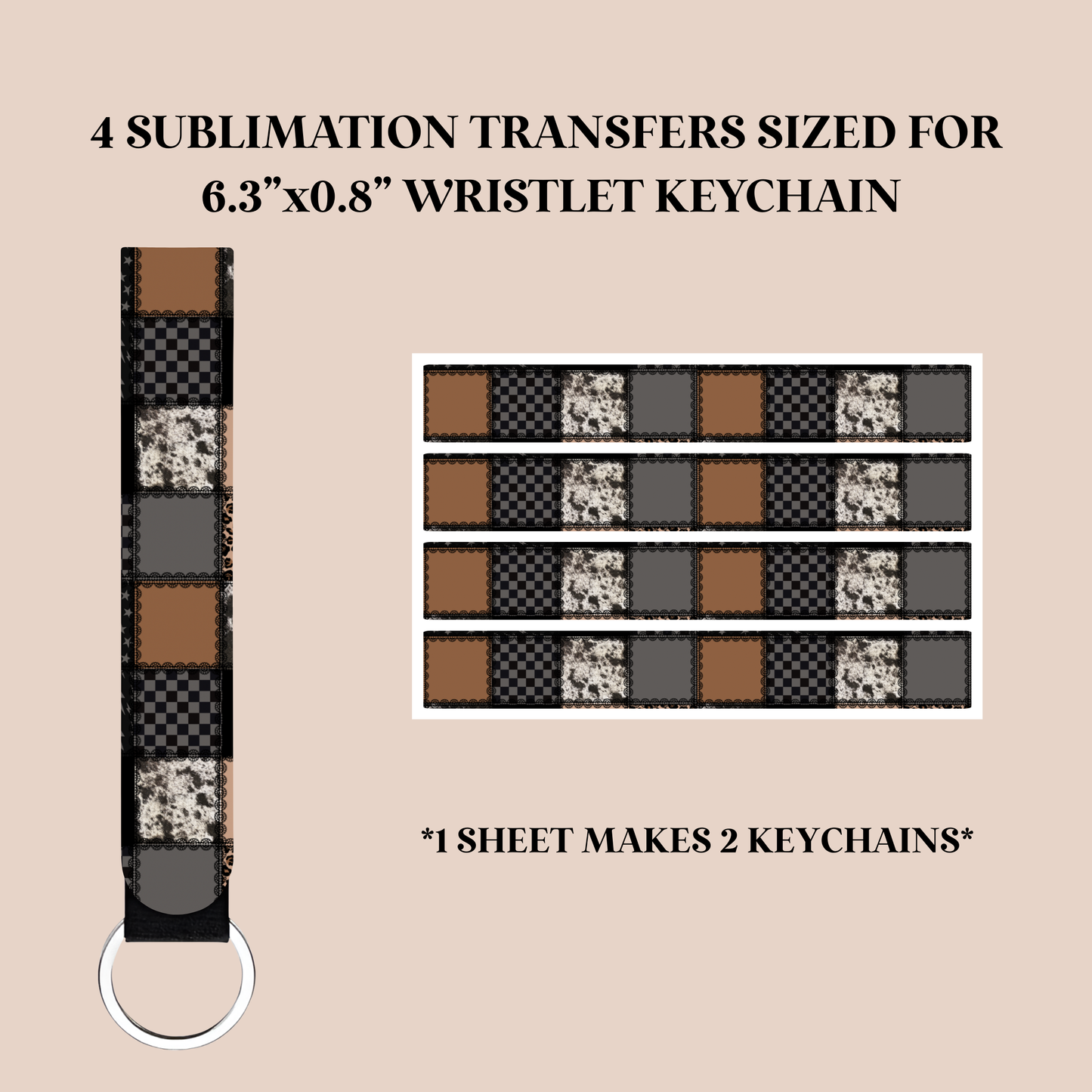 Cowhide Patchwork Wristlet Keychain Sublimation Transfer