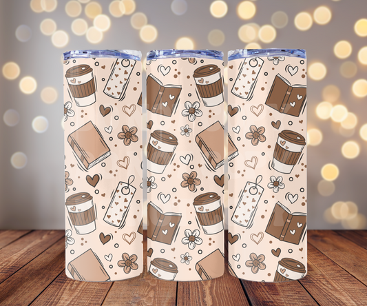 Books & Coffee 20 oz Skinny Tumbler Sublimation Transfer - Seamless