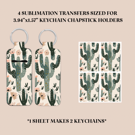 Boho Cactus Keychain Chapstick Holder Sublimation Transfer