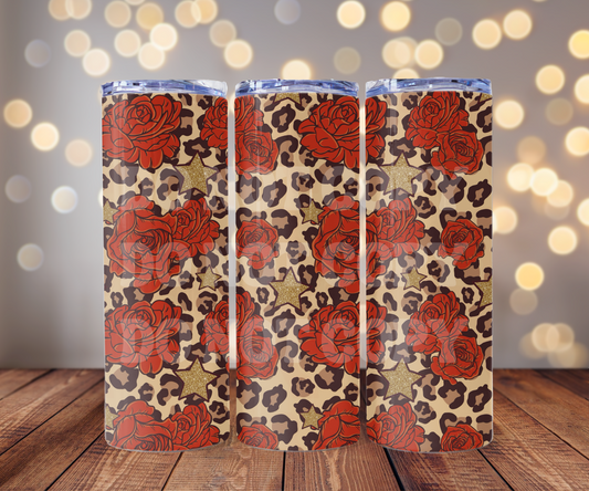 Leopard Print Roses 20 oz Skinny Tumbler Sublimation Transfer - Seamless