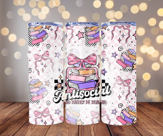 Antisocial And Rather Be Reading 20 oz Skinny Tumbler Sublimation Transfer - Seamless