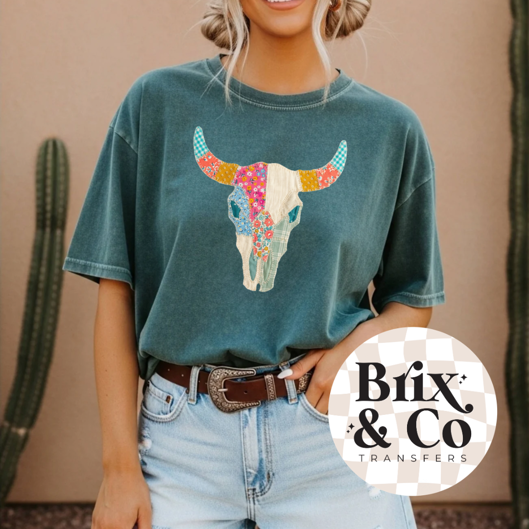 Patchwork Longhorn Skull DTF HOT PEEL