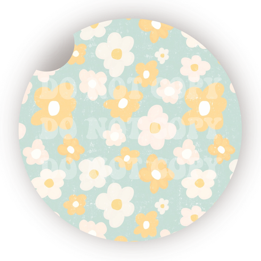 Yellow & White Flowers Car Coaster Sublimation Transfer (Set of 2)