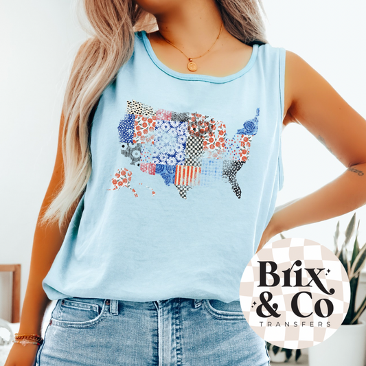 Distressed Patchwork US Map DTF HOT PEEL