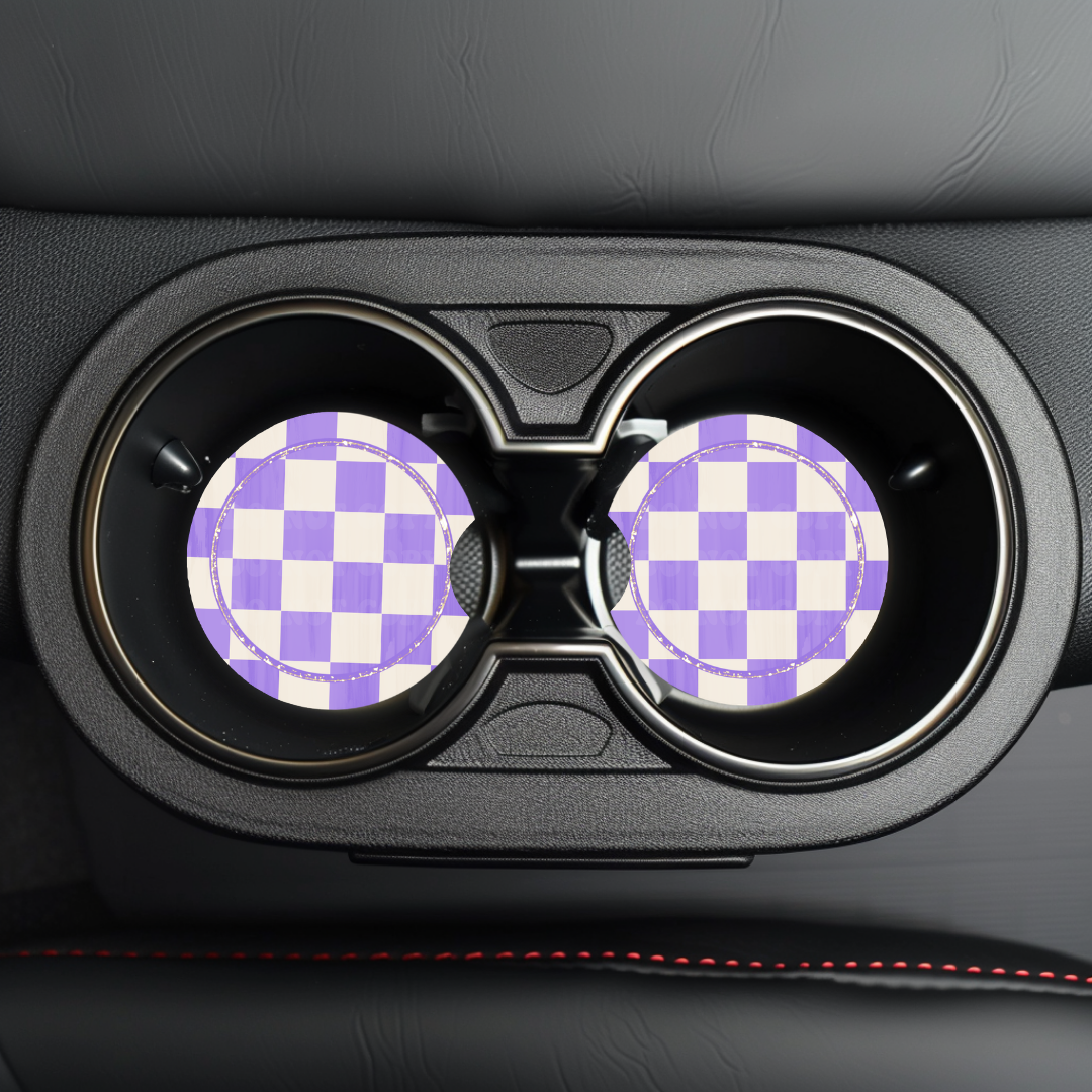 Purple Checker & Faux Glitter Car Coaster Sublimation Transfer (Set of 2)