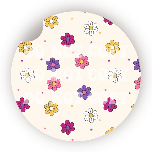 Pink, Yellow, & Purple Flowers Car Coaster Sublimation Transfer (Set of 2)