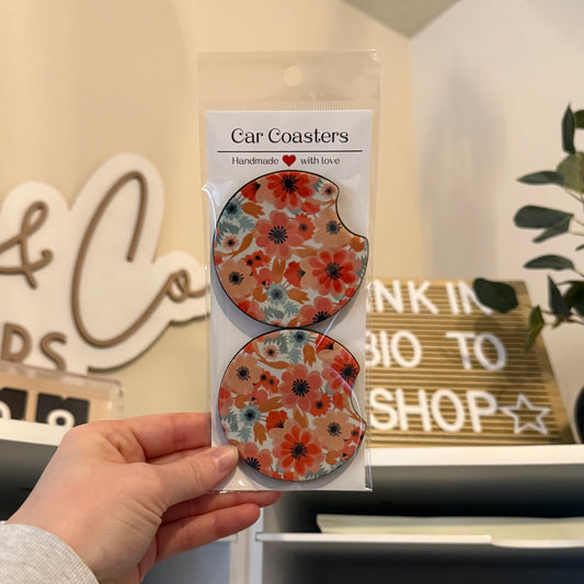 Pink & Orange Flowers Car Coasters
