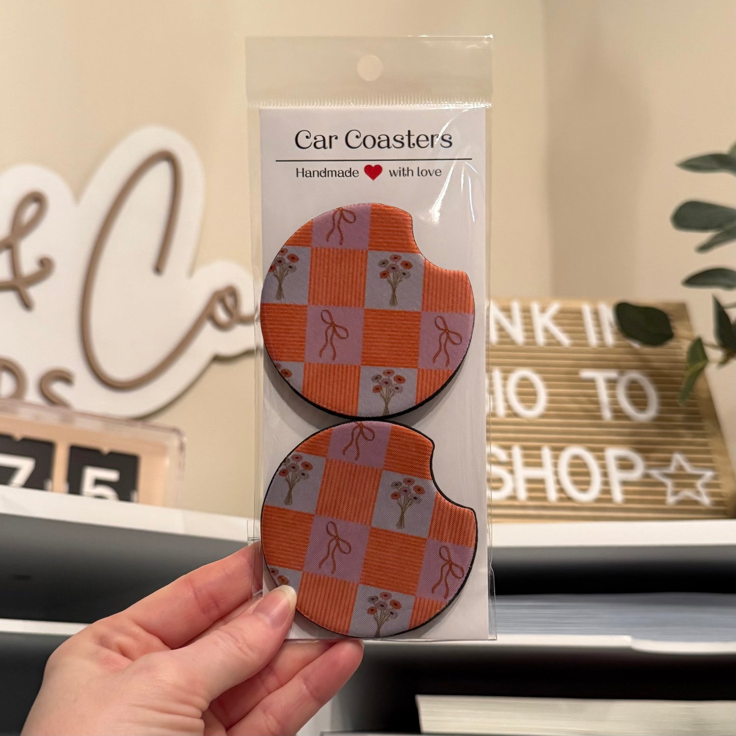 Checker Flowers Car Coasters