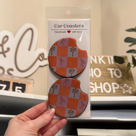 Checker Flowers Car Coasters
