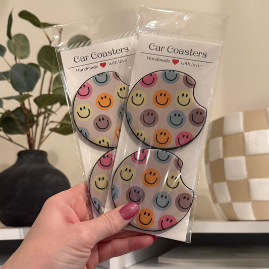 Happy Faces Car Coasters IMPERFECT**SLIGHT GHOSTING**