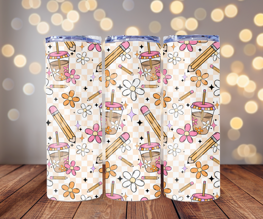 Teacher Iced Coffee 20 oz Skinny Tumbler Sublimation Transfer - Seamless