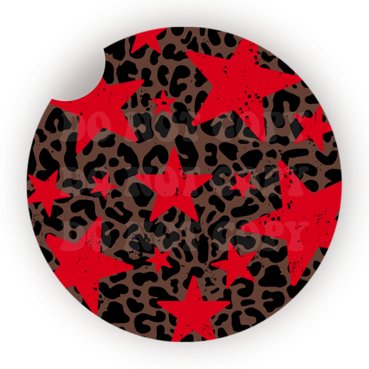 Red Stars & Leopard Car Coaster Sublimation Transfer (Set of 2)
